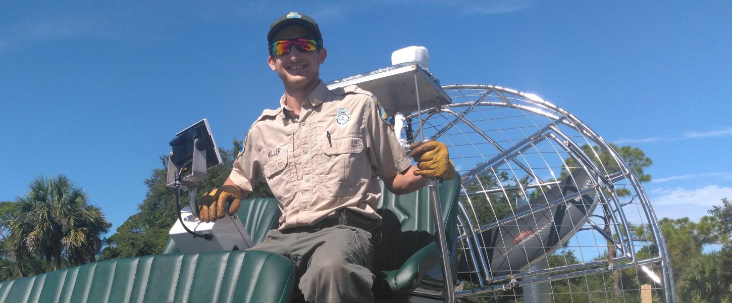 Jordan Miller operates an air boat at Werner-Boyce Salt Springs State Park.