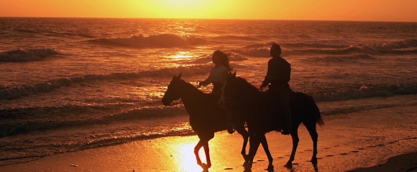 two people ride horses in the surf at sunset
