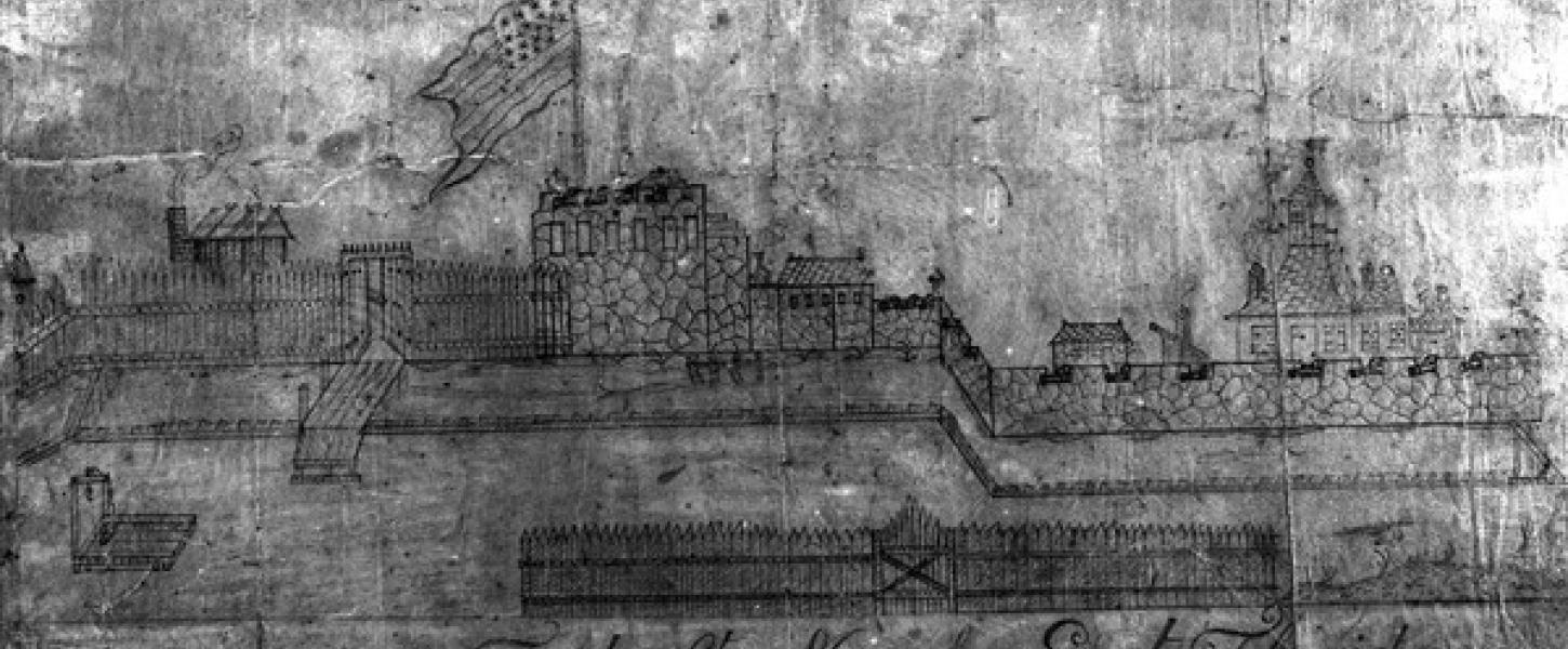 Black and white historical drawing of what the fort may have looked like. 