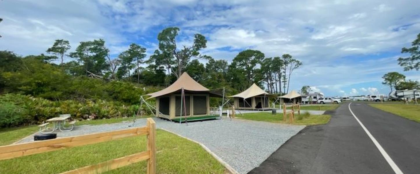 Three eco-tents face Grand Lagoon at St. Andrews State Park