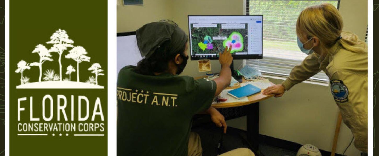 An FLCC member and park ranger work on a presentation.