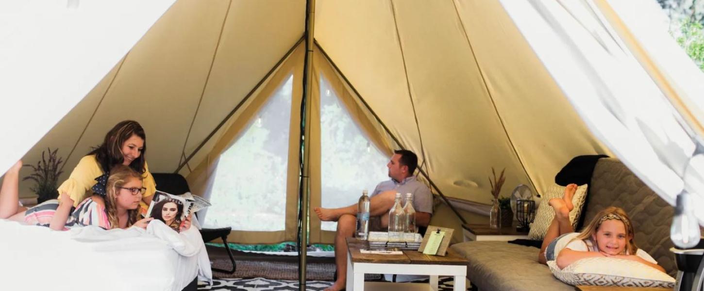 Family at glamping tent Lake Louisa