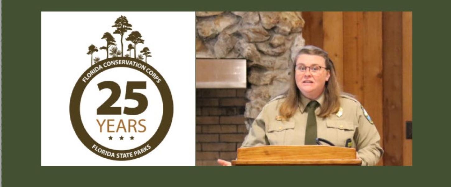 The FLCC anniversary logo and Heather Goston.