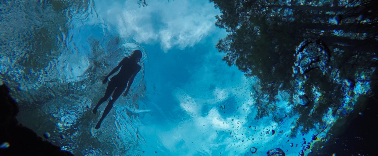 A snorkeler is seen from underneath, outlined by the blue surface of the water.