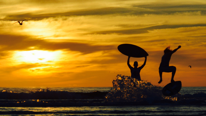 A silhouette of two people playing with skim boards in the surf with a golden yellow sky behind them. 