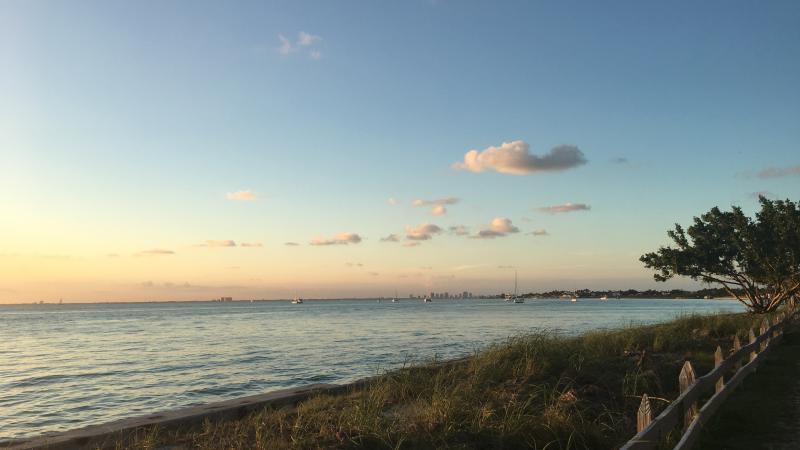 A view of the beach at sunset.