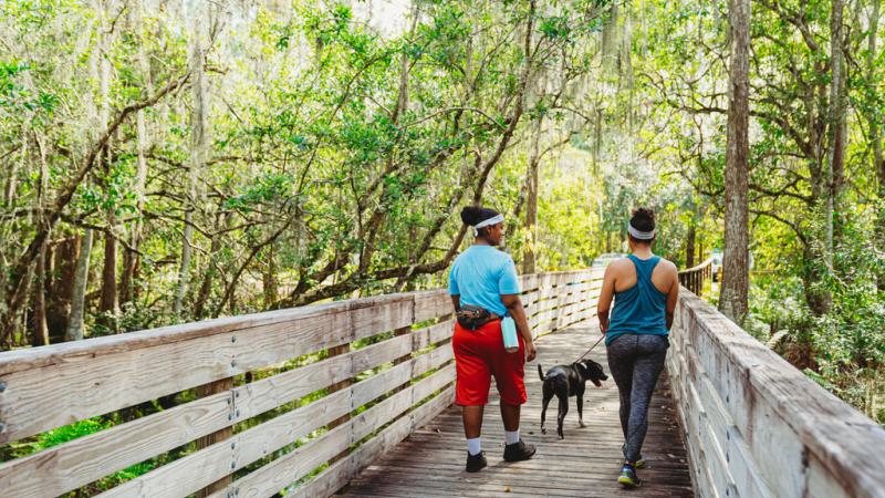 Two visitors walking dog on a leash