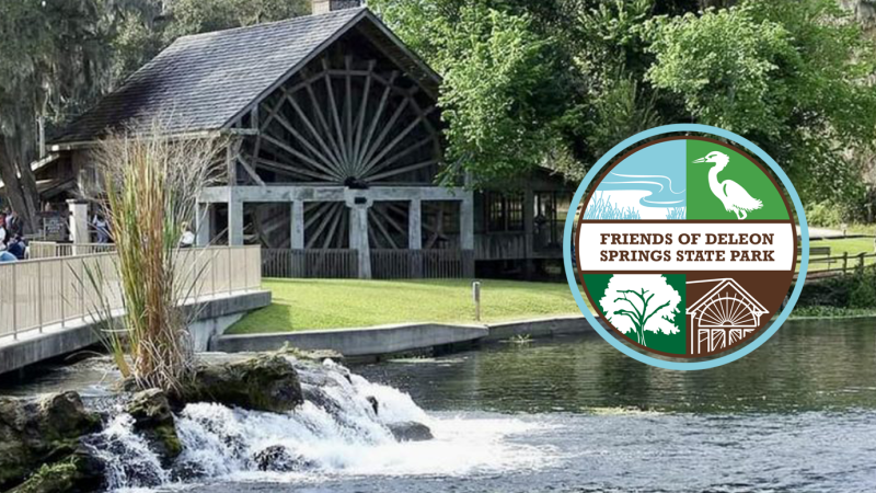A small waterfall with the Friends of De Leon Springs State Park logo in the front.