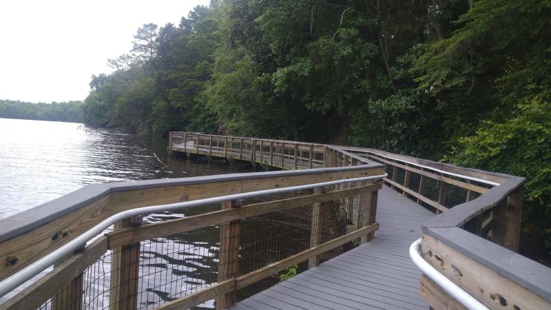 Boardwalk winds around the lakeside. 