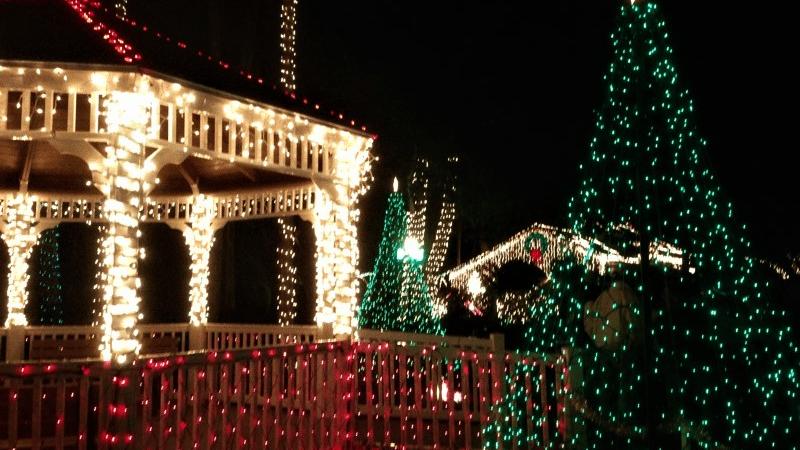 A gazebo and light-tree illuminated at the Celebration of Lights. 