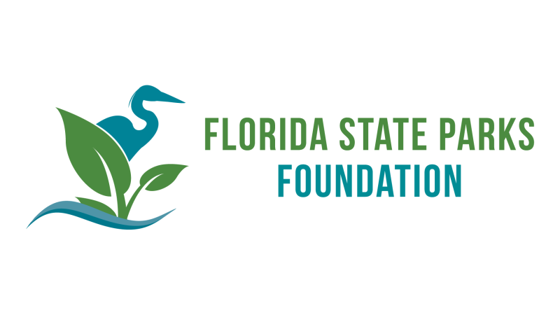 A decorative logo showing a blue silhouette of a heron behind two large green leaves. Text reads "Florida State Parks Foundation."