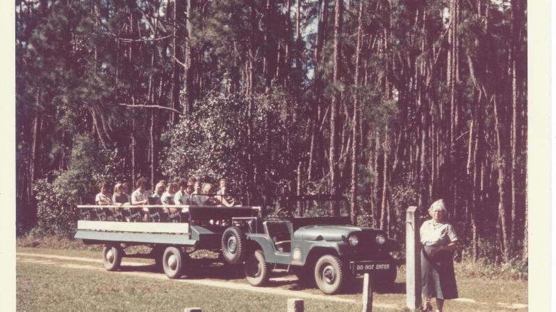 Carol Beck leading a tram tour.