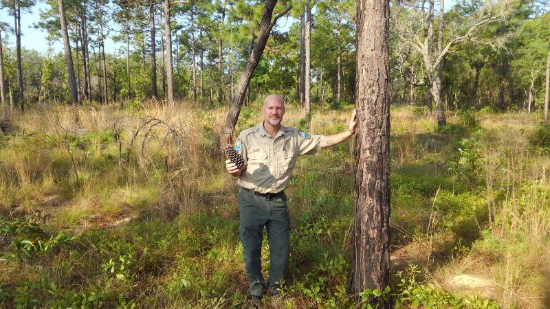 a man in uniform stands in a pine forest holding a pinecone and smiling