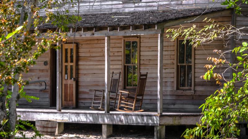 A view of a rustic cabin on the Koreshan settlement.