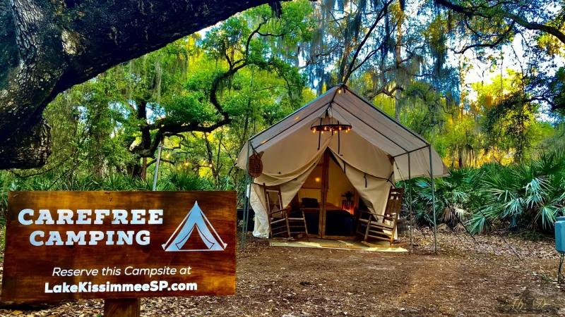 Tent for glamping under the trees at Lake Kissimmee State Park.