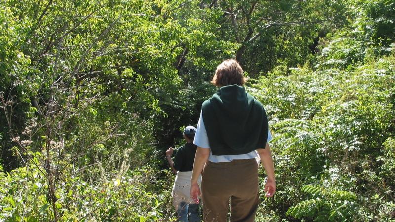 A view of two people hiking a trail at Mound Key.