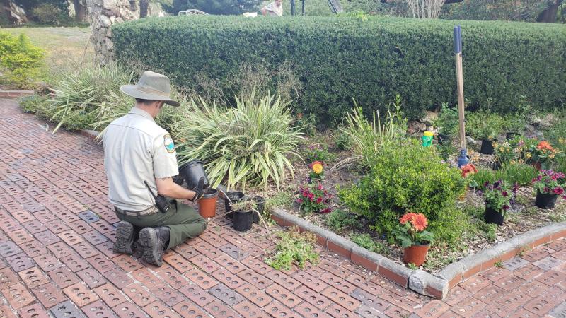 A park ranger tends to a landscaped garden in a park. 