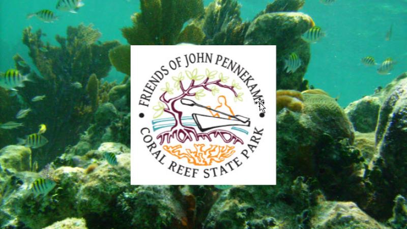 group logo with coral reef background: sea fans, fish, hard corals against the underwater background