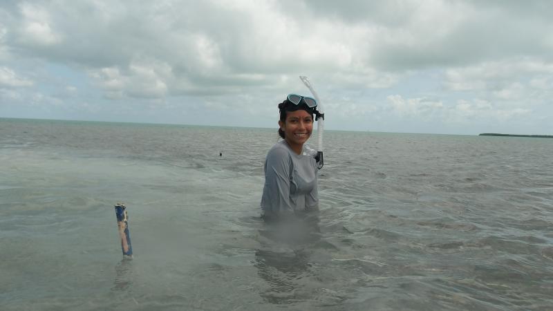 Volunteer Rocio, takes a break from seagrass monitoring.