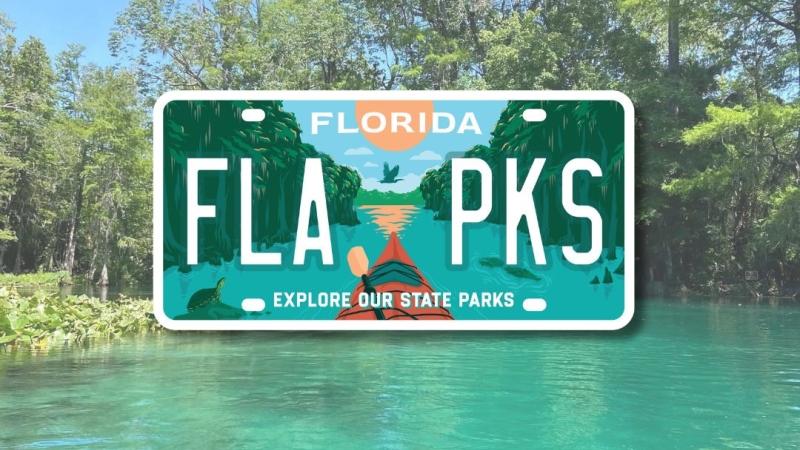 A graphic of a license plate that reads "FLA PKS" with a spring in the background.