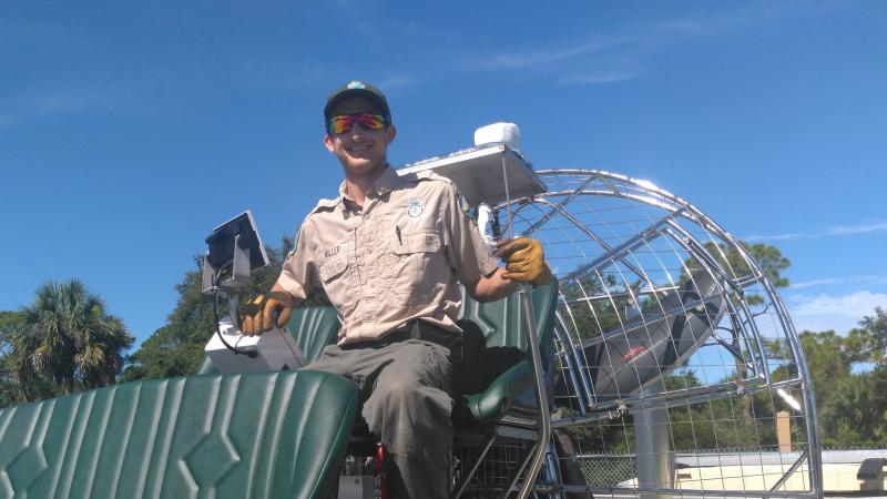 Jordan Miller operates an air boat at Werner-Boyce Salt Springs State Park.