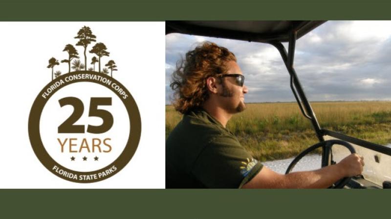 FLCC logo and Alex Creager, driving an UTV.