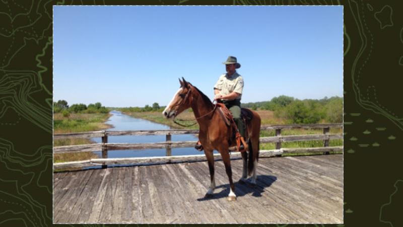 Andy rides his horse.