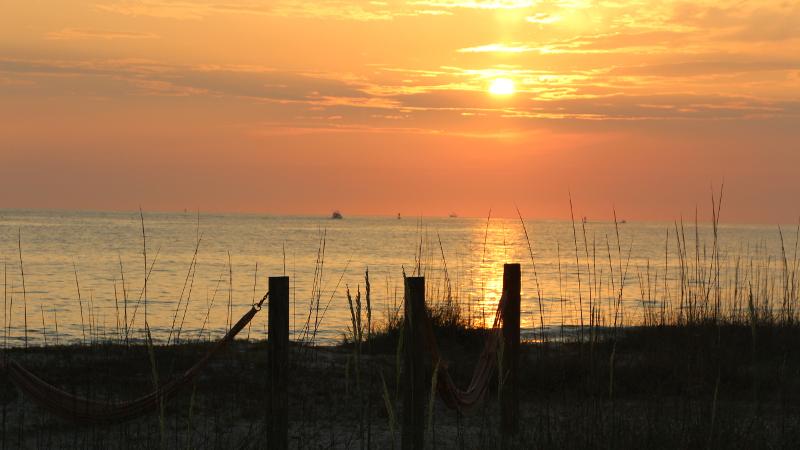 a fiery orange sun sets behind clouds against a dark shoreline of sea oats.