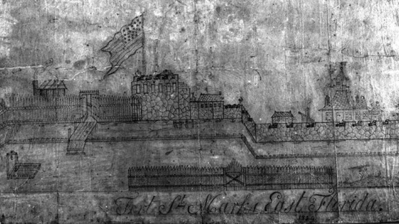 Black and white historical drawing of what the fort may have looked like. 