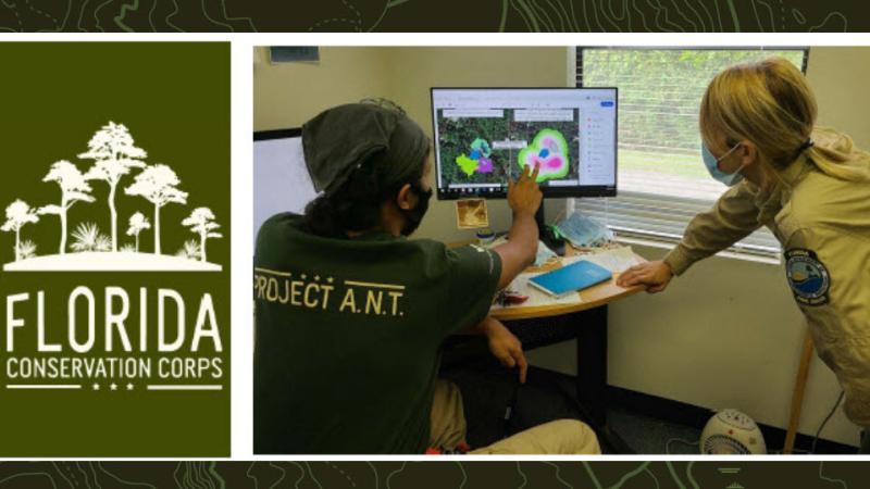 An FLCC member and park ranger work on a presentation.