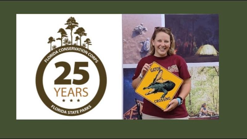 Anna Kellner poses with an alligator sign used in one of her programs.