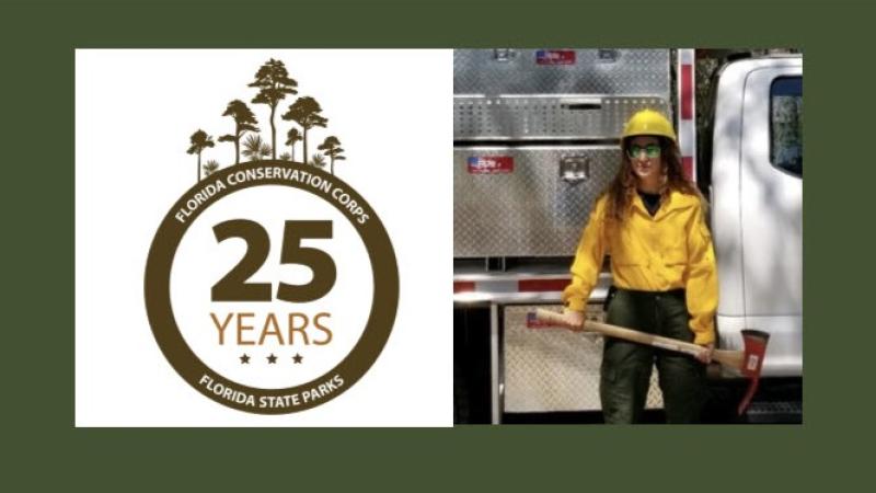 FLCC anniversary logo, Jessica Bickell holding an axe and prepared to help with a prescribed fire.