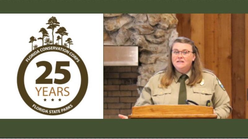 The FLCC anniversary logo and Heather Goston.