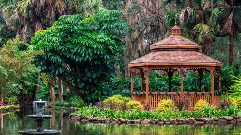 A gazebo at Washington Oaks Gardens State Park is decorated with festive tinsel and ornaments. 