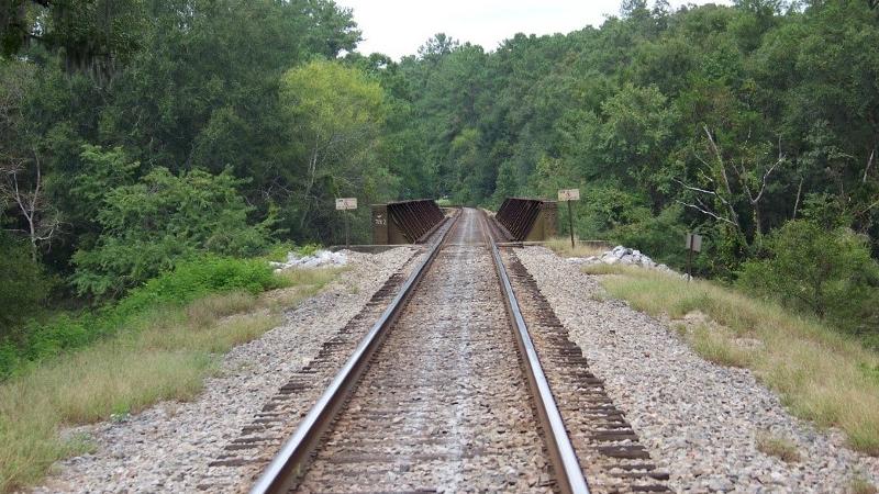 Image of railroad tracks and bridge running through Suwannee River State Park.