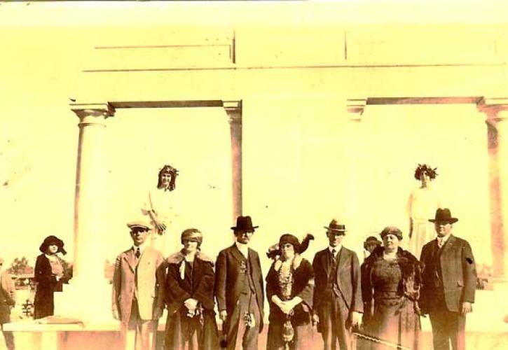 Historic photo of group of people in 1923 when monument was dedicated. 