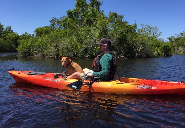 A man and his dog in a red kayak paddling at Lake Griffin