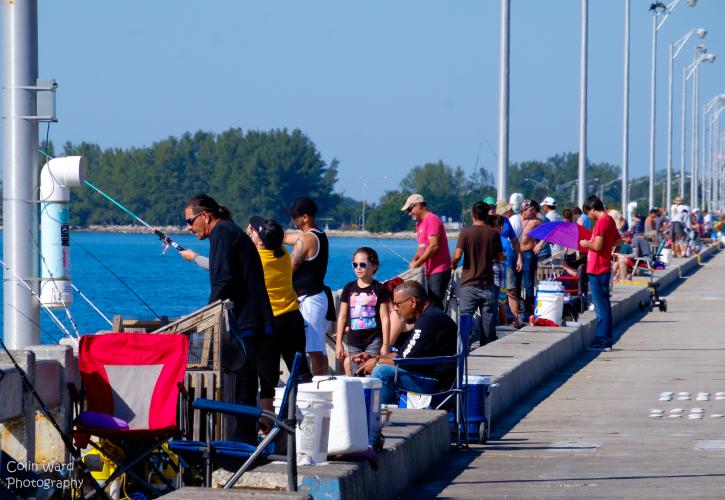 A view of the bridge with many people fishing off the side.