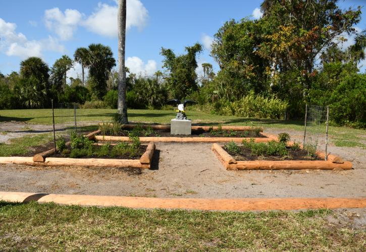 garden with plants and eagle statue