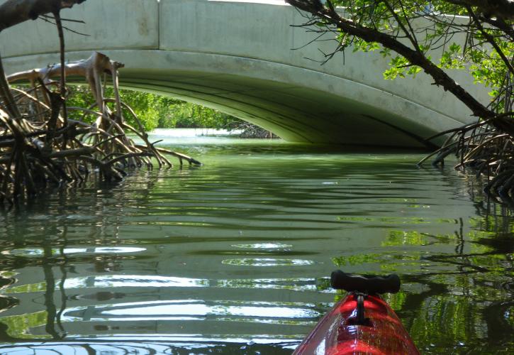 Kayaker paddling under overpass
