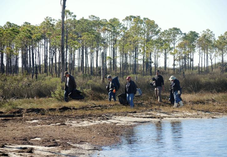 Volunteers walk the shoreline collecting debris left after Hurricane Michael. 