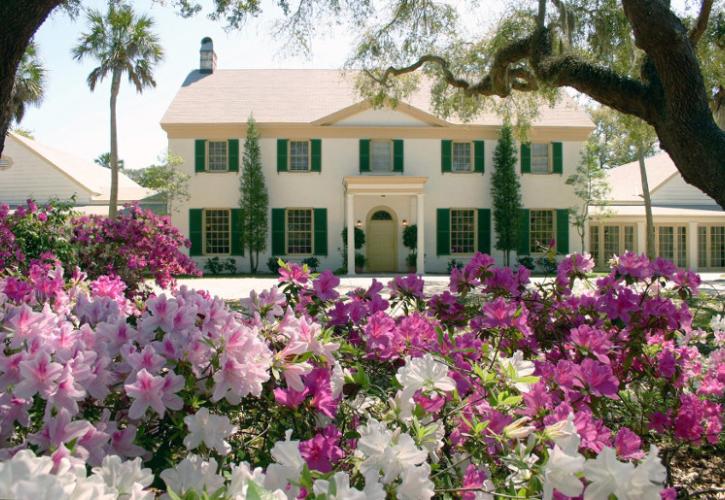 Pink flowers in front of a stately house