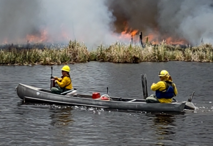 Staff manage a prescribe fire while paddling a canoe.