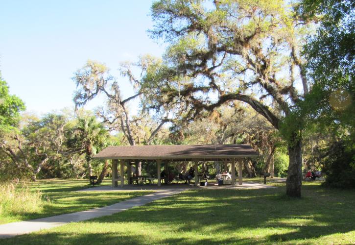 The Clay Gully Pavilion is tucked under trees which open into a vibrant field