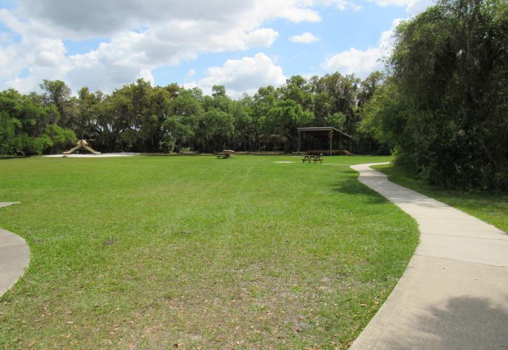 The entrance to the South Pavilion shows the playground, field, podium, and stage