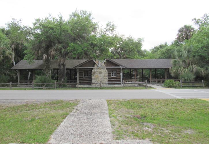 Far-away view of the Log Pavilion