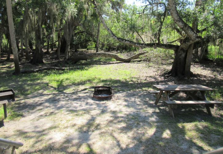 Looking out from the back porch of a cabin, you can see a picnic table, fire pit, and elevated charcoal grill