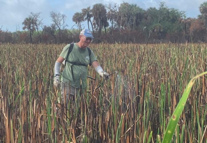 man spraying in a grassy field