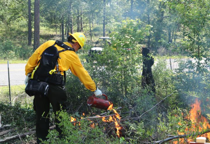 Eric Draper, director of the Florida Park Service, uses a drip torch to start the test fire before the commemorative prescribed fire on May 17, 2021.