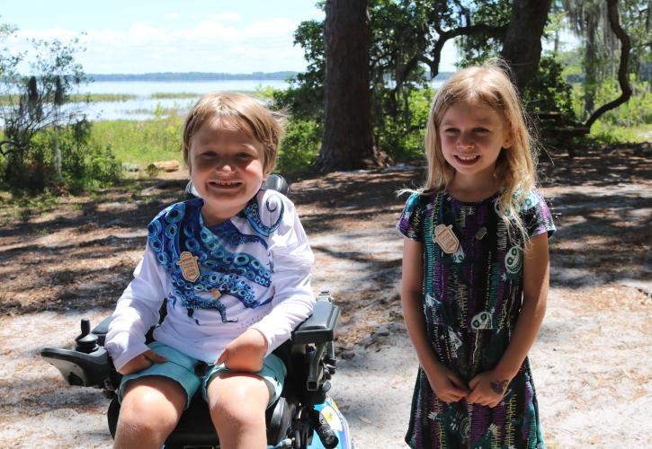 Two friends have fun by the lake.